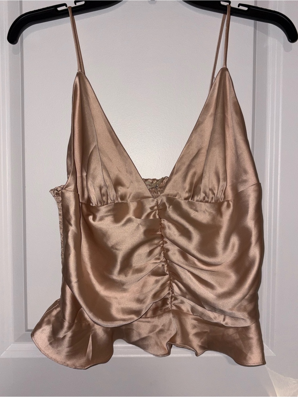 Fashion Nova Satin Ruched V-Neck Cami in Champagne